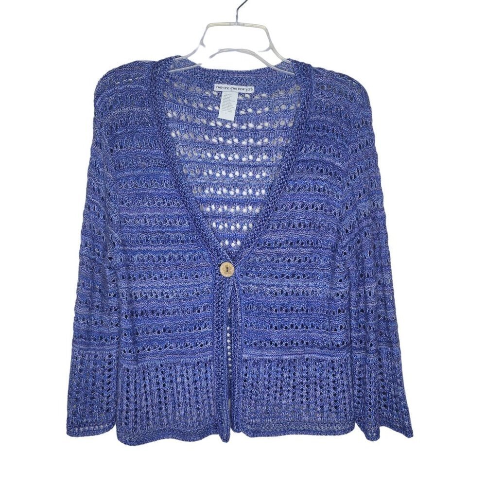 Two-One-Two New York Purple L Open Knit Crochet Button US Made Sweater Cardigan